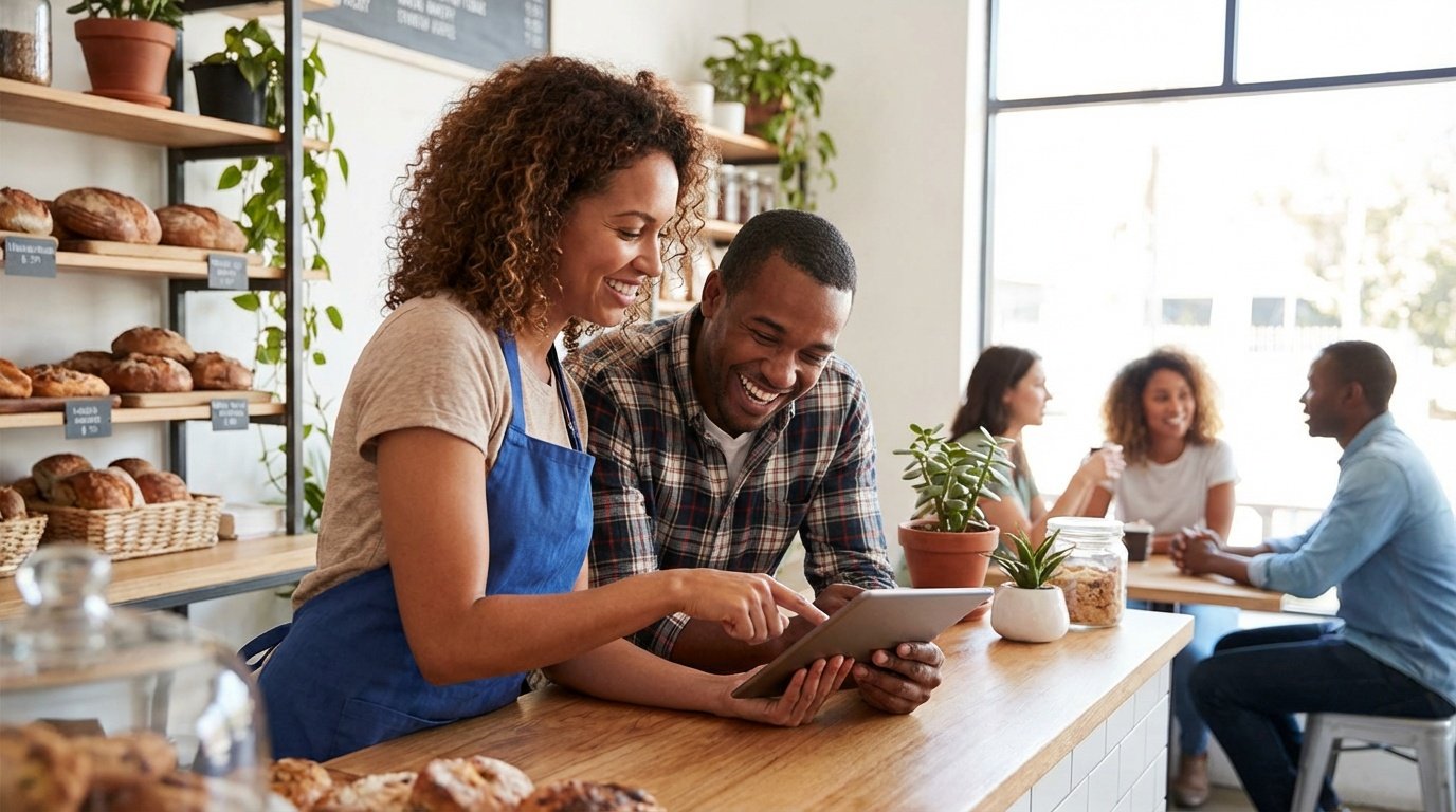 Entrepreneur reviewing loan application documents at a desk with laptop
