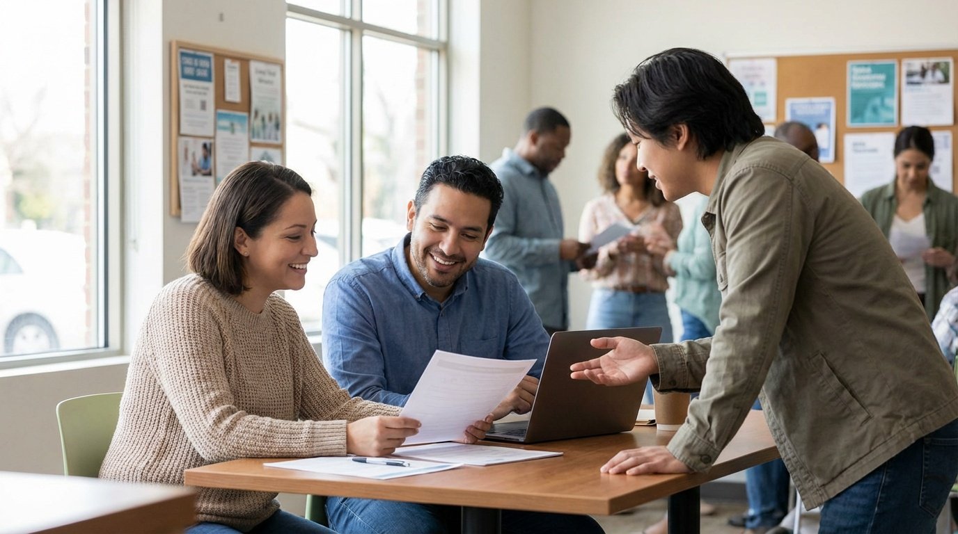 Young adult reviewing loan options on laptop with calculator and financial documents