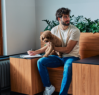 Person seated on a wooden bench with a small dog on their lap, writing on a clipboard in a modern indoor space with plants in the background.