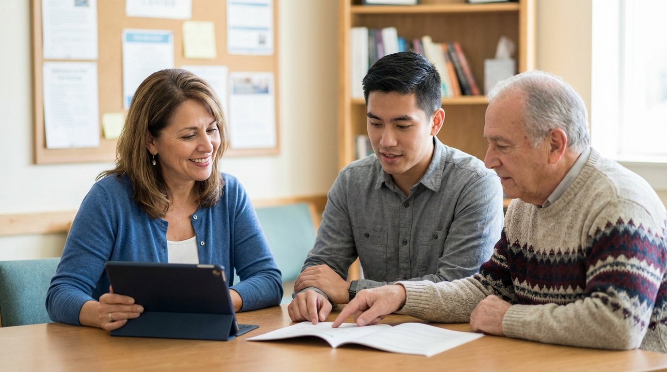 Family reviewing loan protection documents together at kitchen table