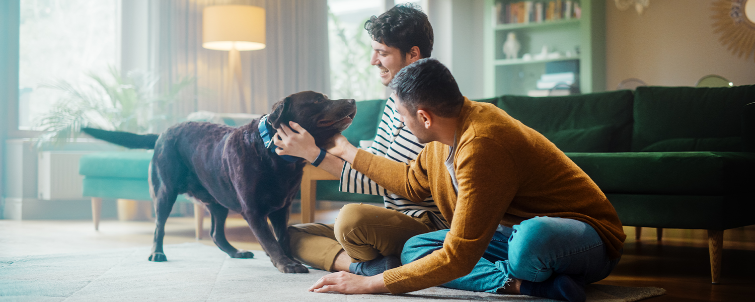 two men and their dog