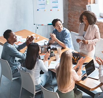 group of employees talking