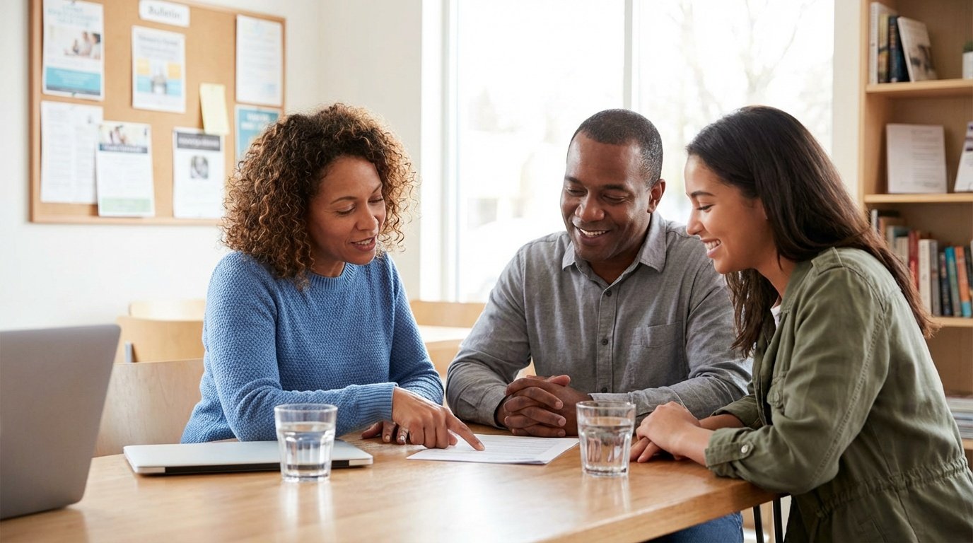 Broadview credit union branch with member meeting a loan officer