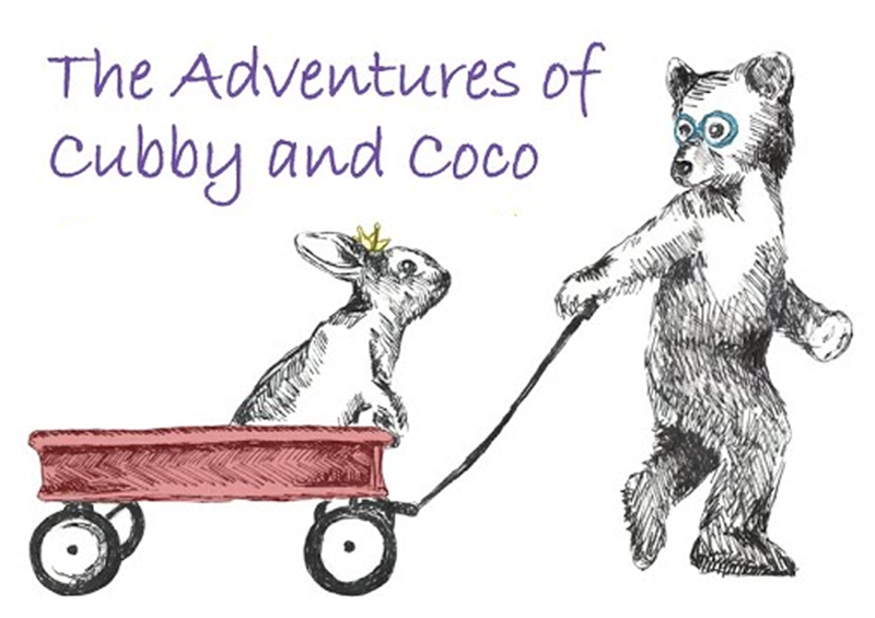 A bear pulling a bunny along in a little red wagon