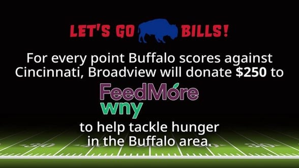 Text above a football field that says: Let's go bills! For every point Buffalo scores against Cincinnati, Broadview will donate $250 to Feedmore WNY to help tackle hunger in the Buffalo area.