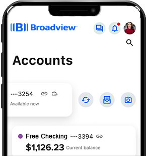 Top half of smart phone screen containing Broadview FCU's logo, icons, and an example of a member's checking account